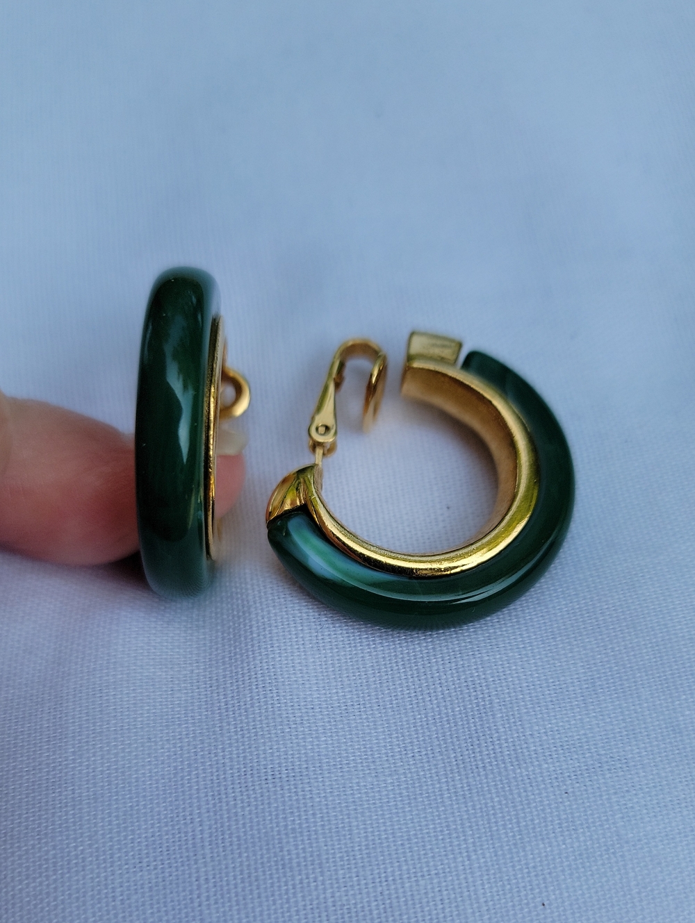 Vintage Trifari Clip-on Earrings C-shape Dark Green Lucite